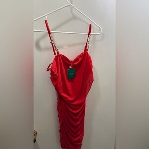 Red Ruched Dress with Gold Chain Straps